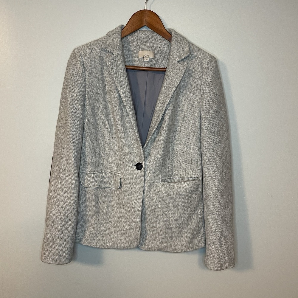 LOFT Herringbone Knit Blazer Jacket Grey Elbow Patches‎ Size 4 Office